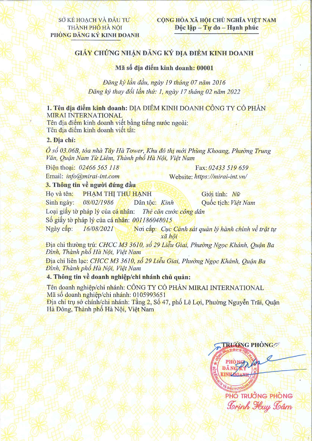 Địa điểm kinh doanh số 0001